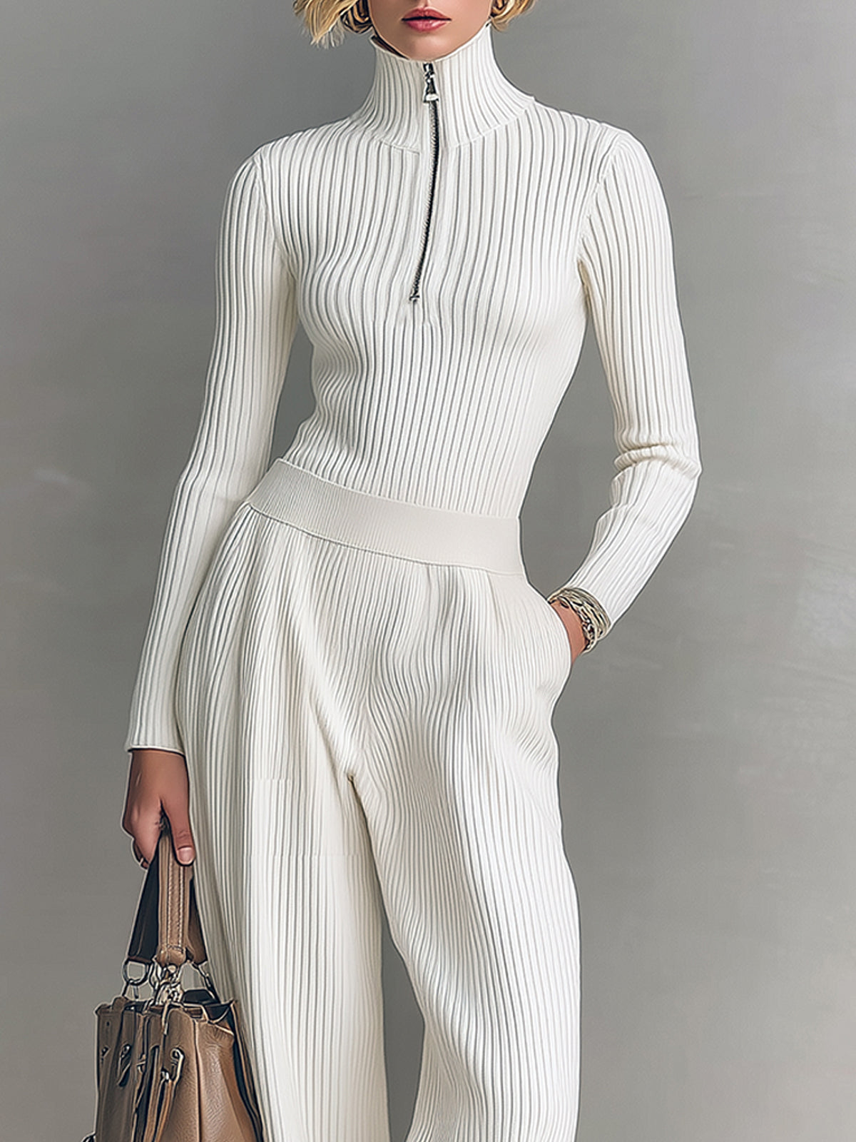 Women's Knit Zip-Up Mock Neck Sweater & Wide-Leg Pants Set
