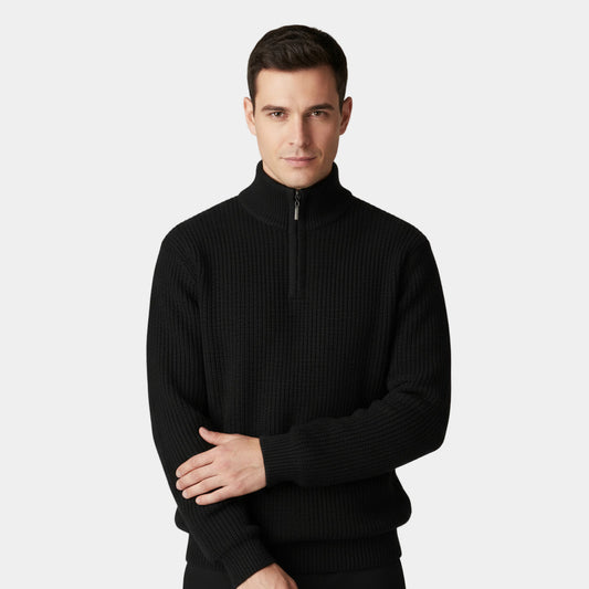 Men's Ribbed Knit Half-Zip Sweater – High Stand Collar, Black