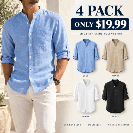 Men's Linen-Blend Stand Collar Shirt