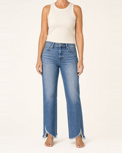 Women's Stretch Cotton-Blend Distressed Hem Straight-Leg Jeans