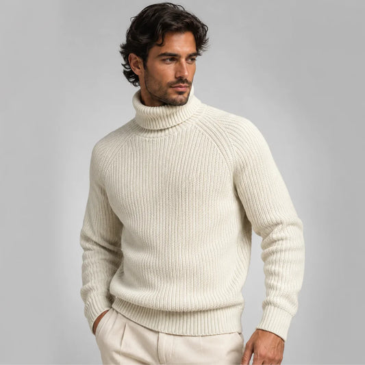 Men's Chunky Wool Ribbed Turtleneck Sweater – Relaxed Fit, White