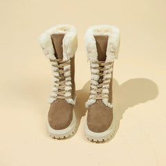 Women's Suede Mid-Calf Boots with Plush Lining – Lace-Up