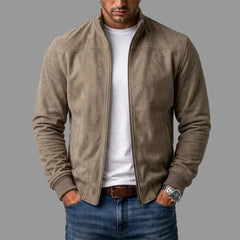 Men's Suede Stand Collar Zip-Front Bomber Jacket – Ribbed Cuffs