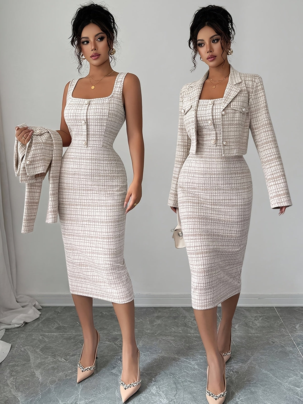 Women's Plaid Tweed Blazer & Midi Dress Set