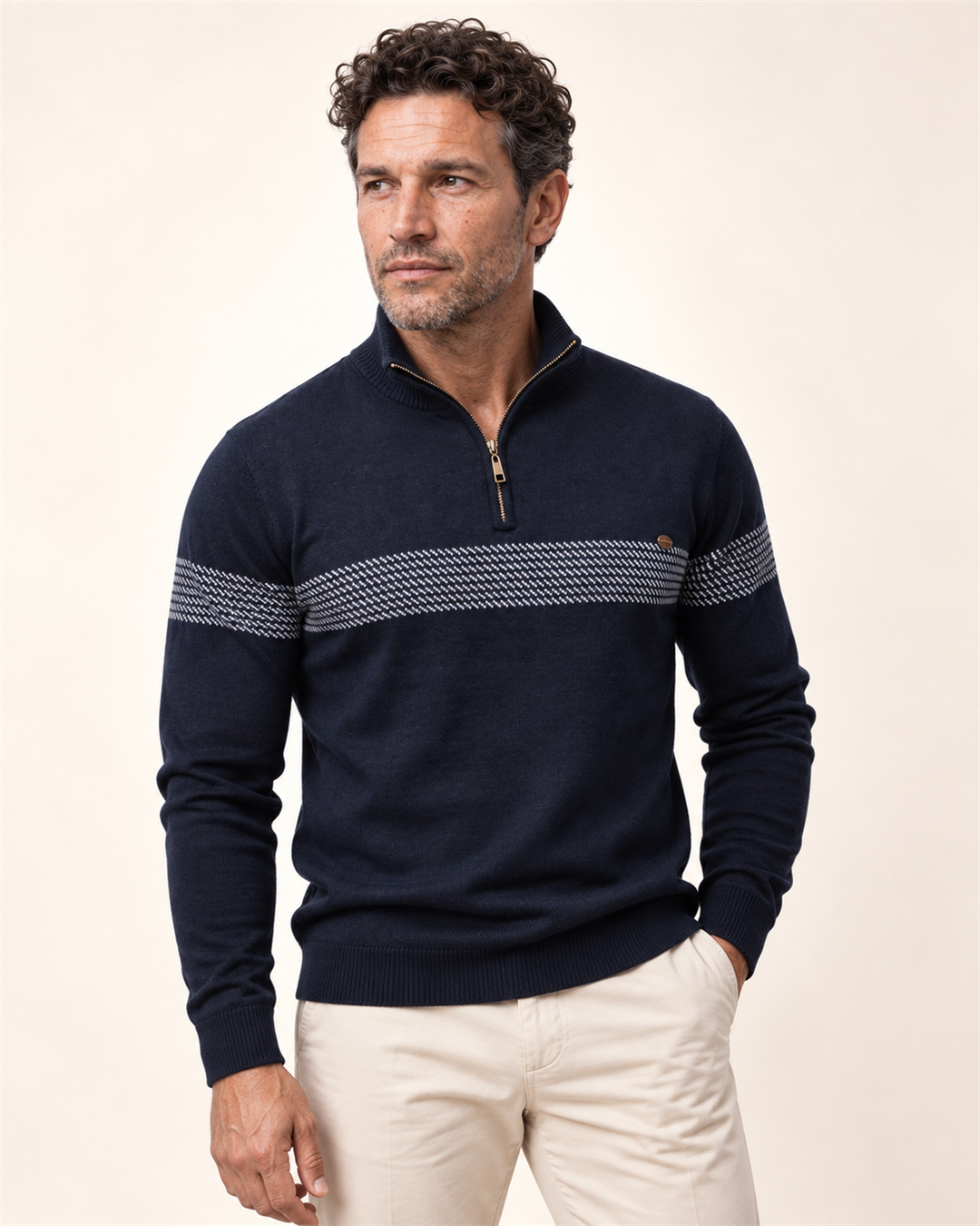 Unisex Cotton-Poly Quarter-Zip Stripe Sweater