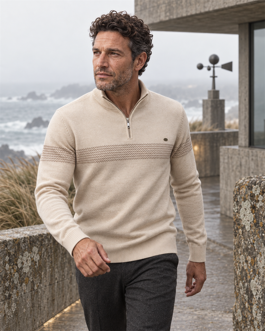 Unisex Cotton-Poly Quarter-Zip Stripe Sweater