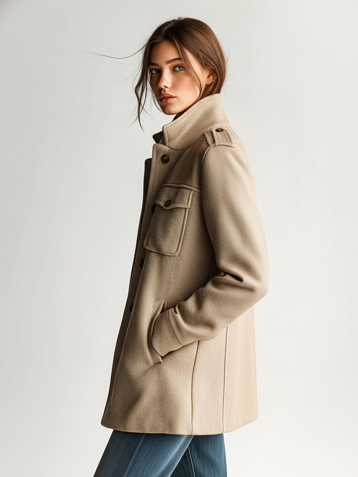 Women's Wool-Blend Stand Collar Coat
