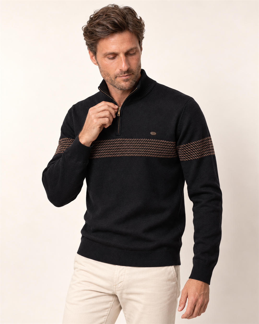 Unisex Cotton-Poly Quarter-Zip Stripe Sweater