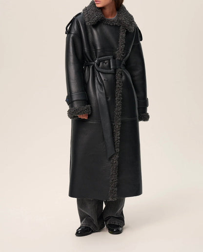 Women's Leather Coat with Lambswool-Look Lining