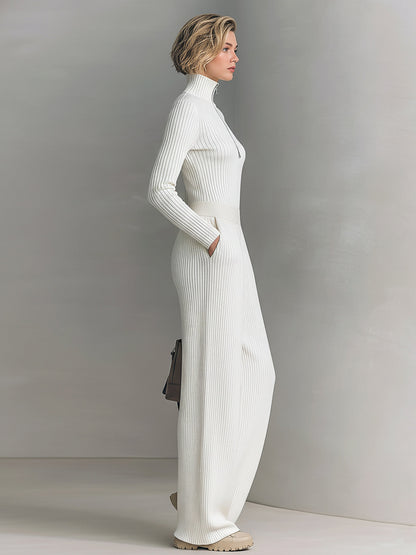 Women's Knit Zip-Up Mock Neck Sweater & Wide-Leg Pants Set
