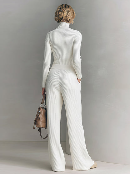 Women's Knit Zip-Up Mock Neck Sweater & Wide-Leg Pants Set