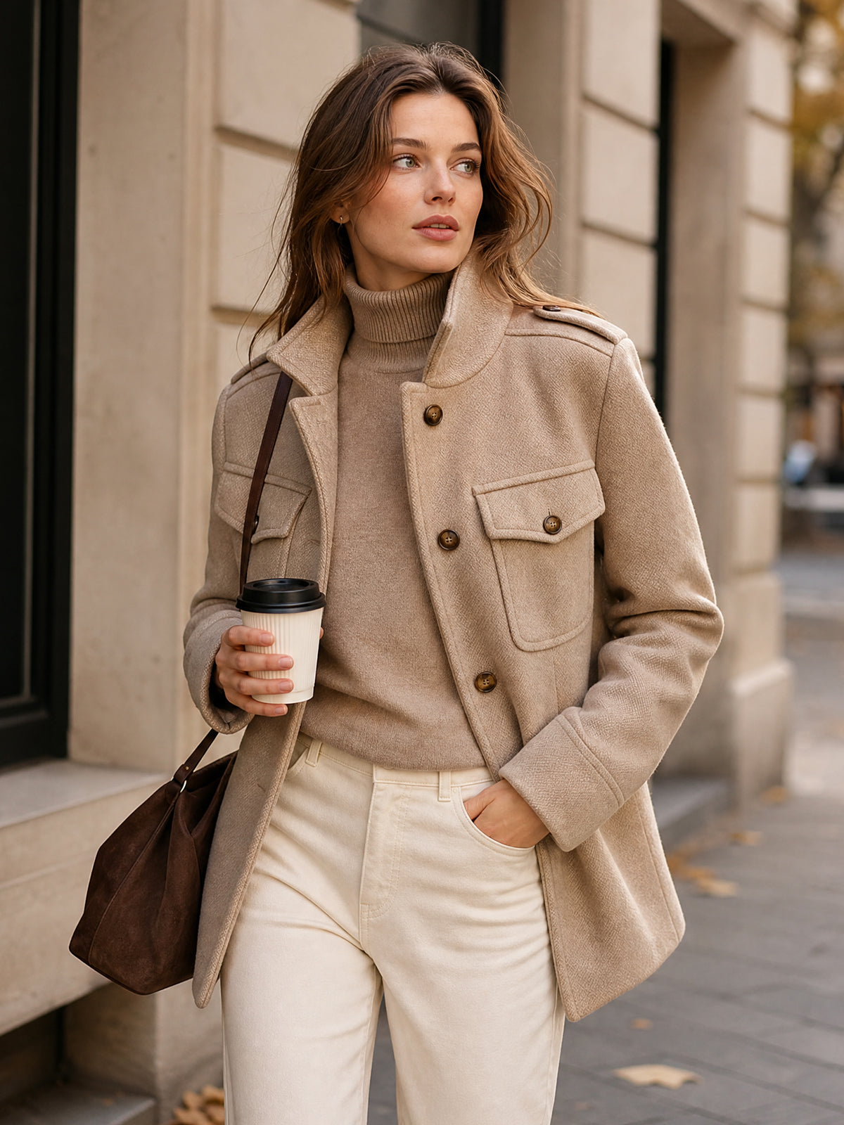 Women's Wool-Blend Stand Collar Coat