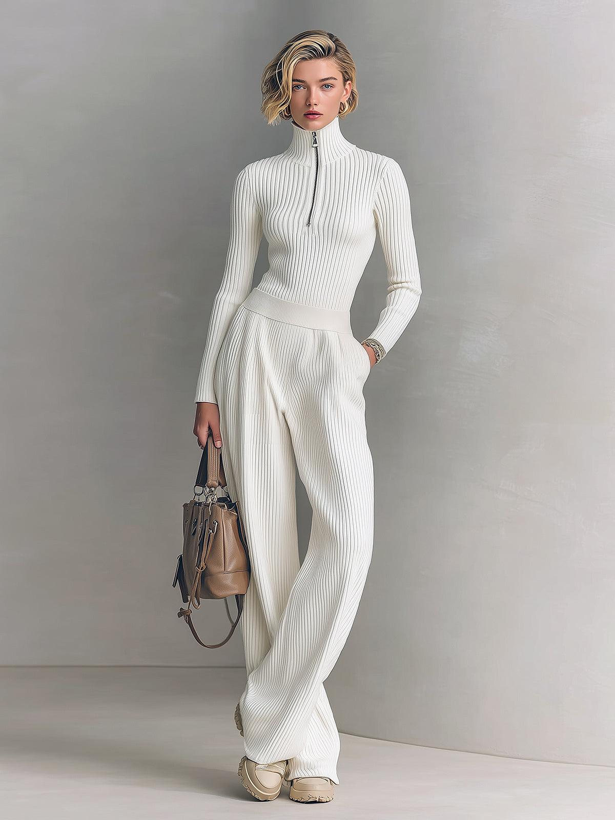 Women's Knit Zip-Up Mock Neck Sweater & Wide-Leg Pants Set