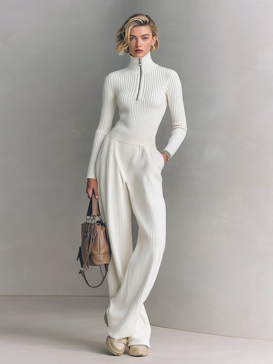 Women's Knit Zip-Up Mock Neck Sweater & Wide-Leg Pants Set