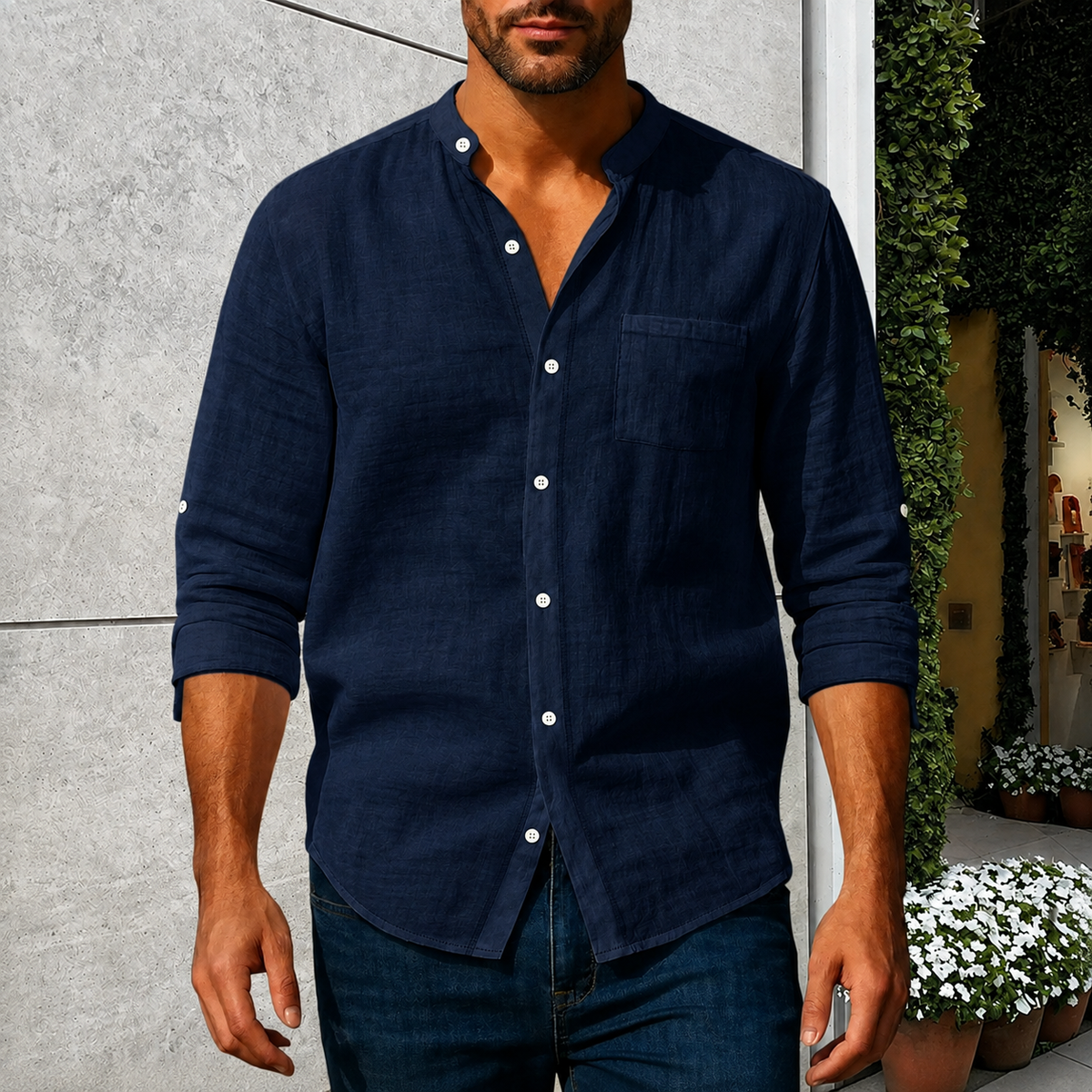 Men's Linen-Blend Stand Collar Shirt