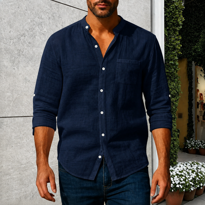 Men's Linen-Blend Stand Collar Shirt