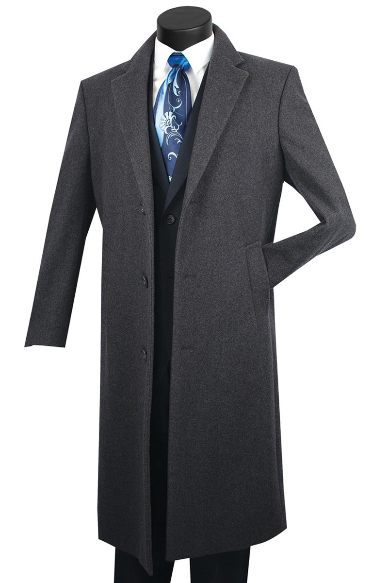 Men's Wool & Cashmere Full-Length Overcoat – Notch Lapel, Charcoal