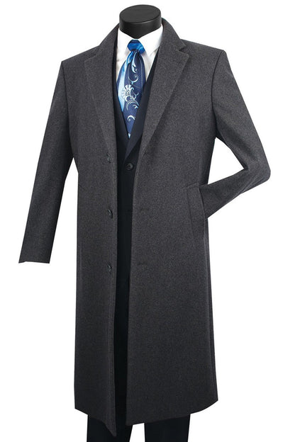 Men's Wool & Cashmere Full-Length Overcoat – Notch Lapel, Charcoal
