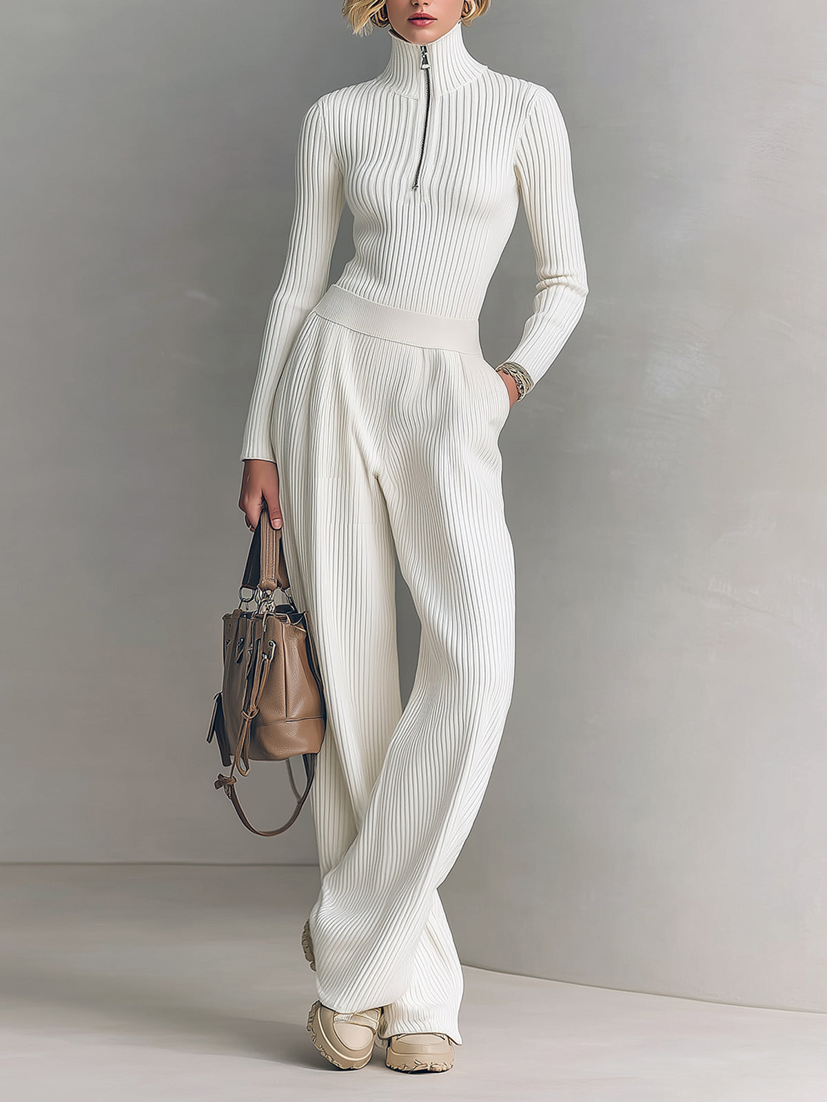 Women's Knit Zip-Up Mock Neck Sweater & Wide-Leg Pants Set