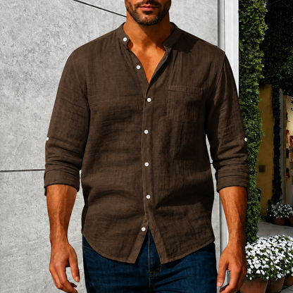 Men's Linen-Blend Stand Collar Shirt