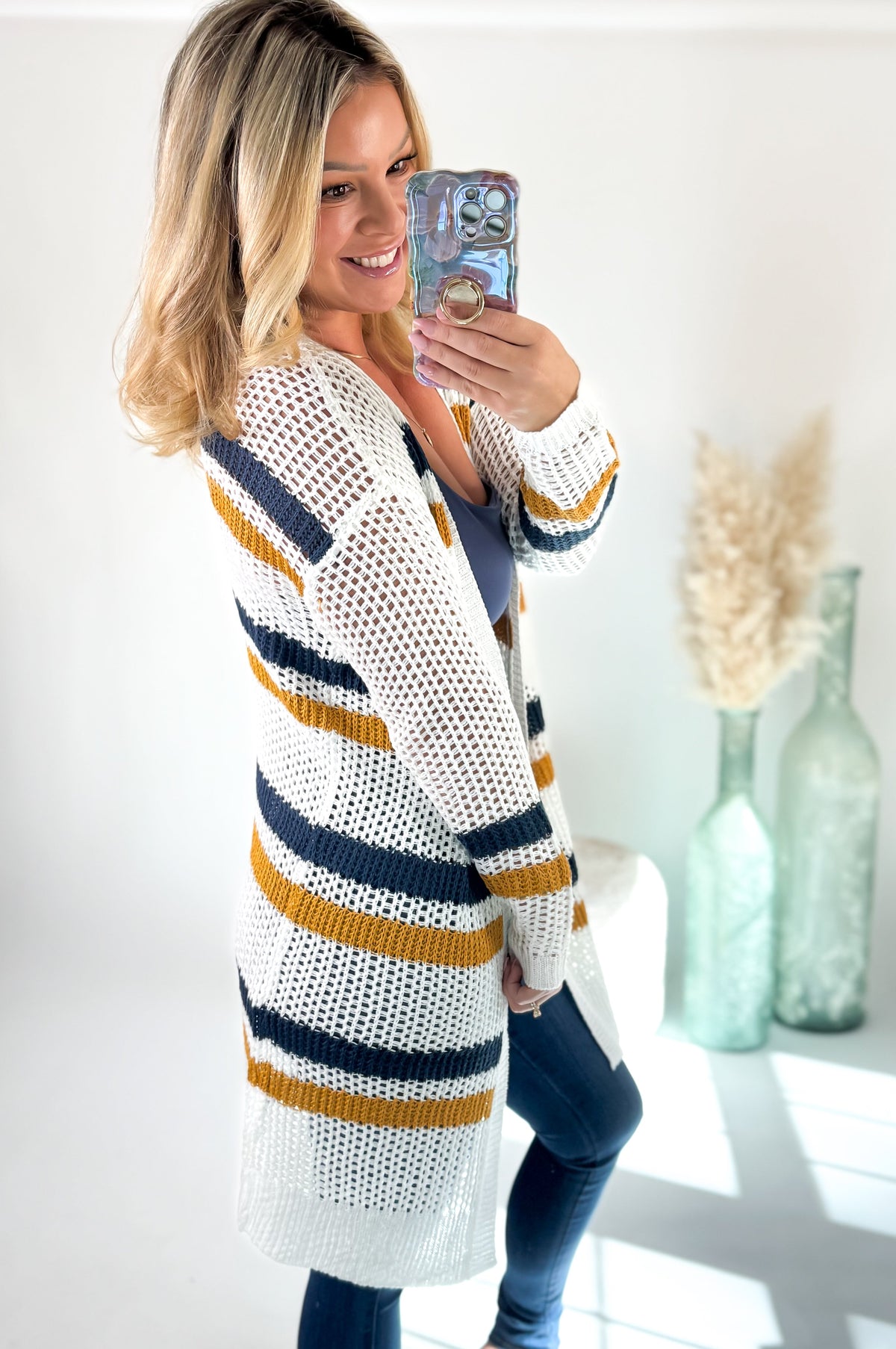 Women's Striped Open-Knit Cardigan