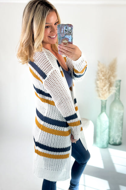 Women's Striped Open-Knit Cardigan