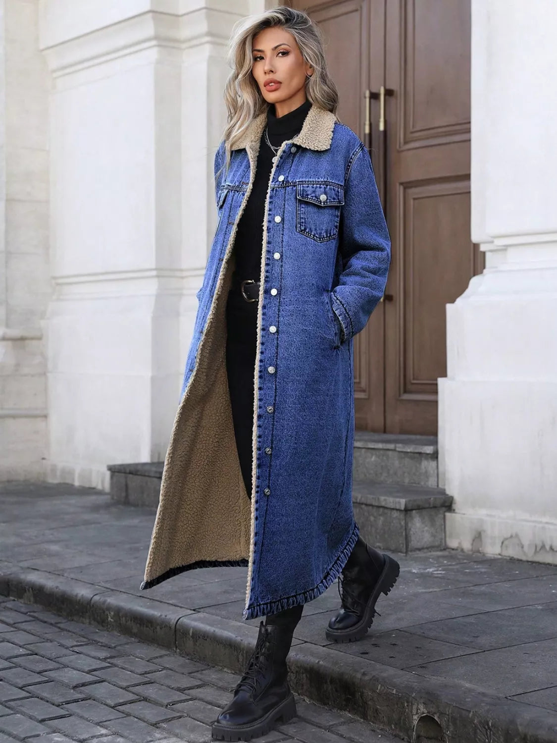 Women's Sherpa-Lined Longline Denim Jacket