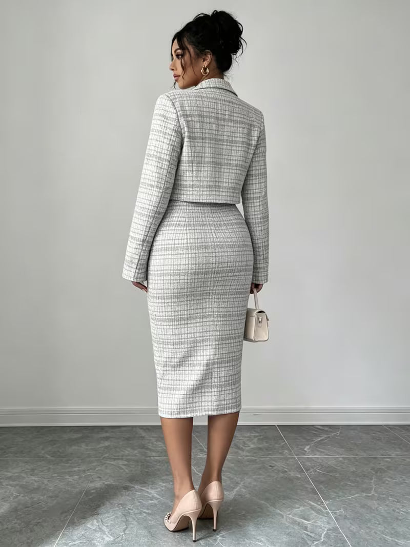Women's Plaid Tweed Blazer & Midi Dress Set