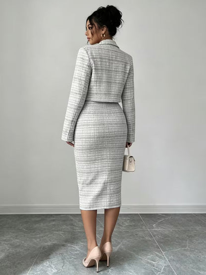 Women's Plaid Tweed Blazer & Midi Dress Set