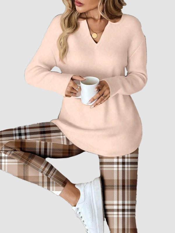 Women's Plaid Two-Piece Top And Legging Set