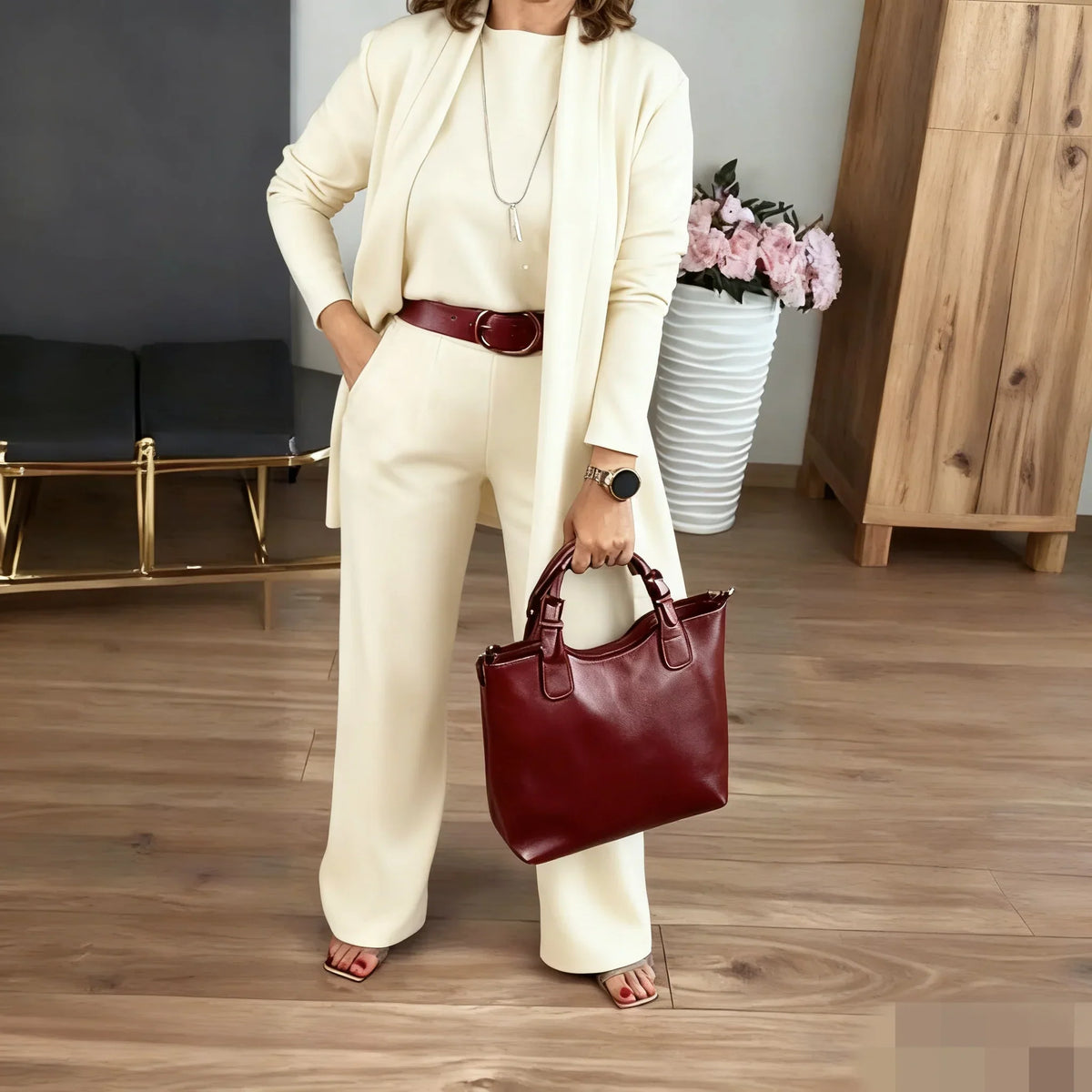 Women's Longline Cardigan, Top & Pants Set