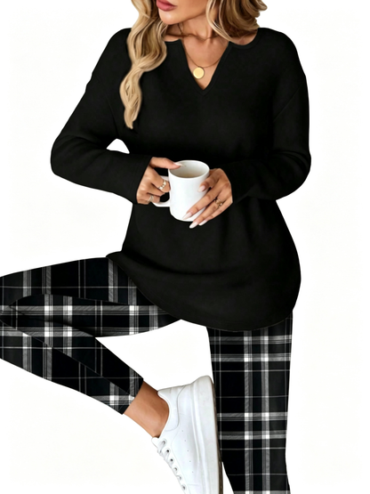 Women's Plaid Two-Piece Top And Legging Set