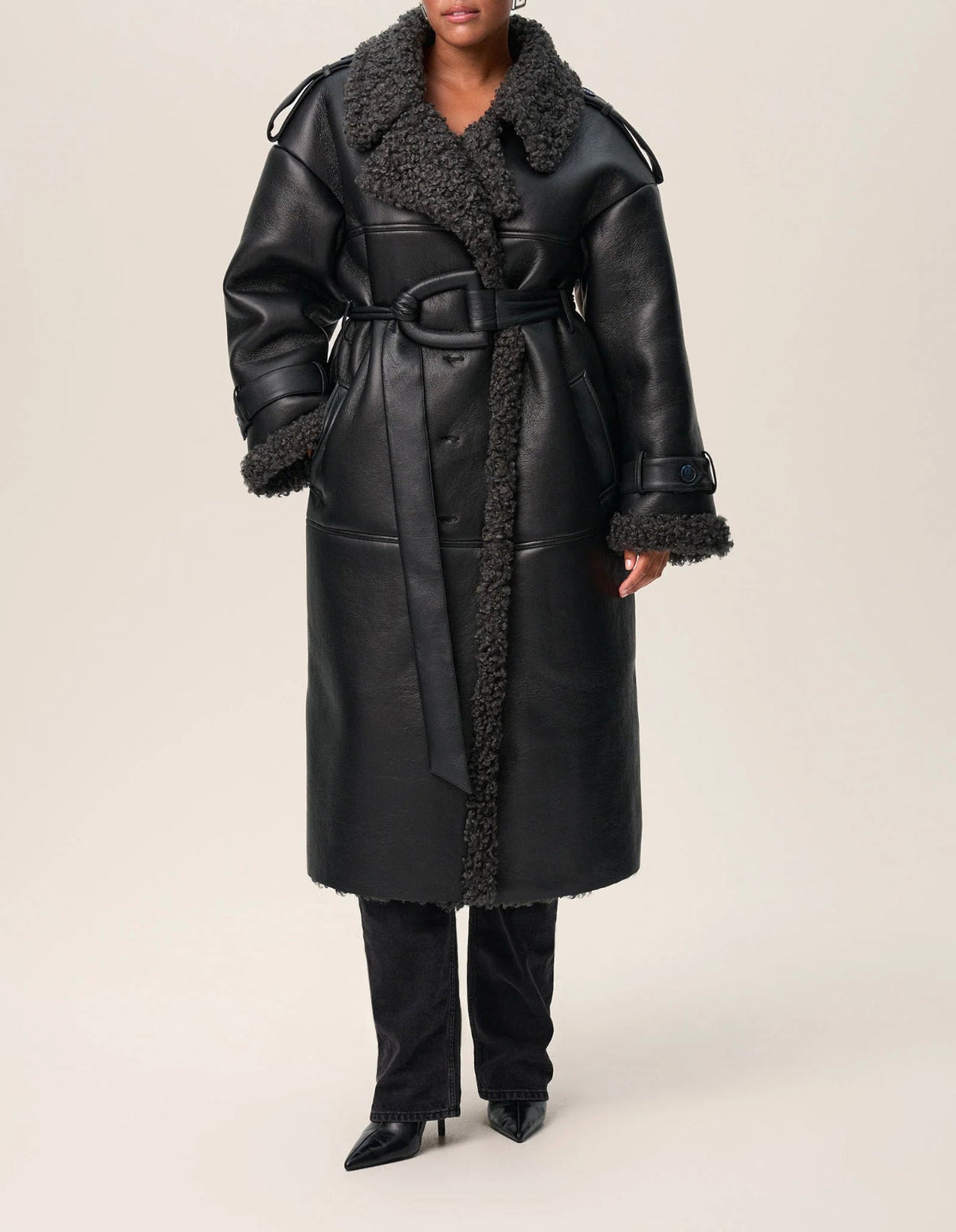 Women's Leather Coat with Lambswool-Look Lining
