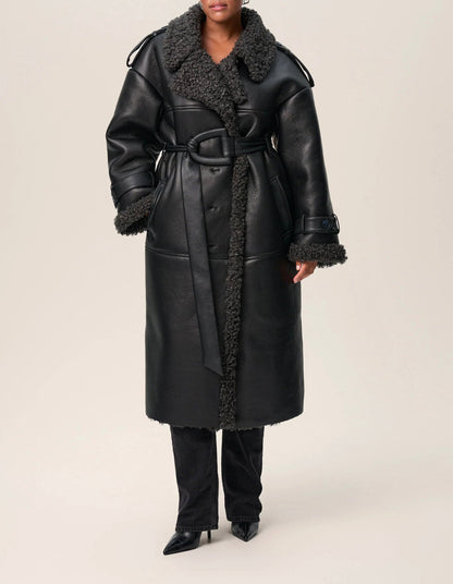 Women's Leather Coat with Lambswool-Look Lining