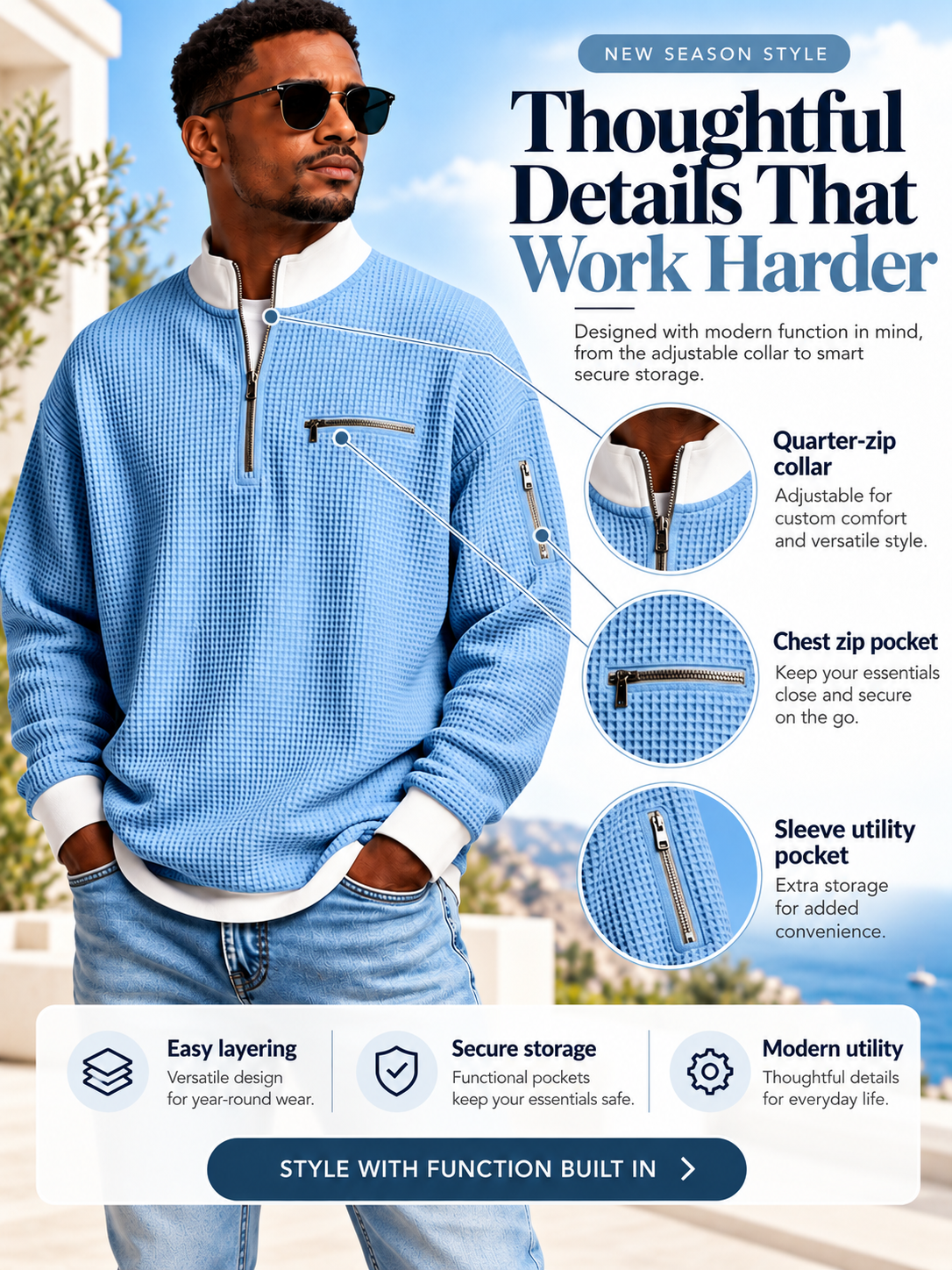 Men's Waffle Knit Quarter-Zip Sweatshirt
