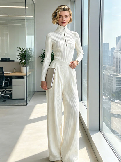 Women's Knit Zip-Up Mock Neck Sweater & Wide-Leg Pants Set