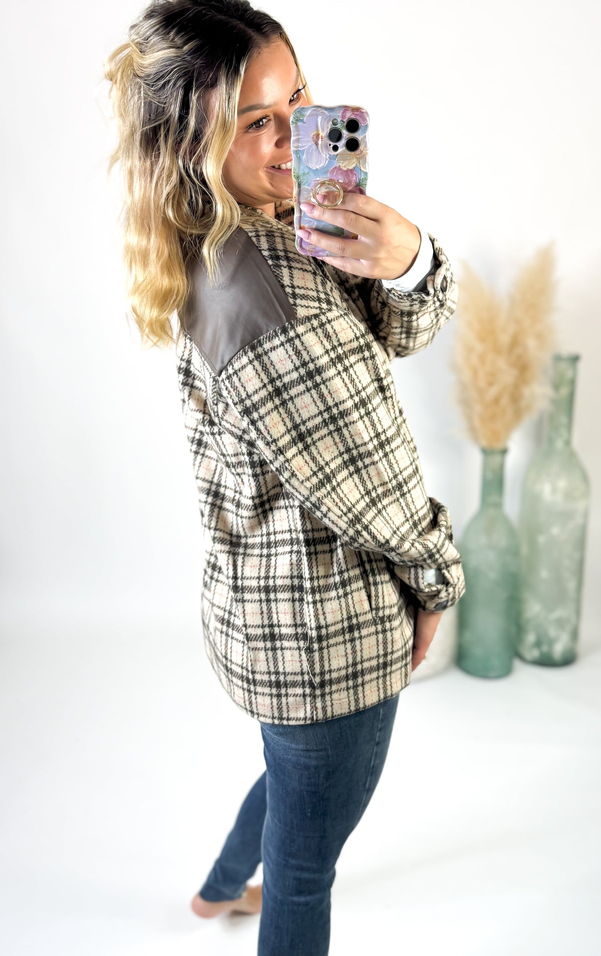 Women's Plaid Shacket With Vegan Leather Trim