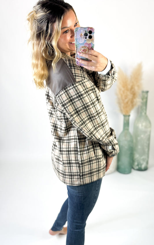 Women's Plaid Shacket With Vegan Leather Trim