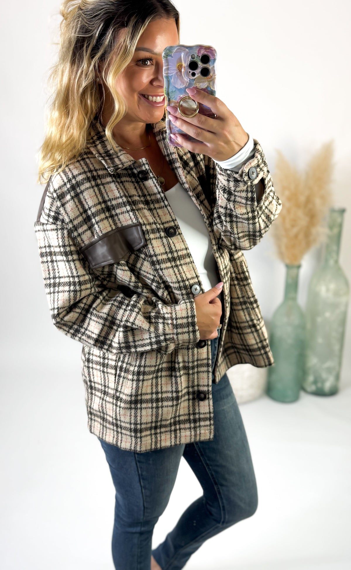 Women's Plaid Shacket With Vegan Leather Trim