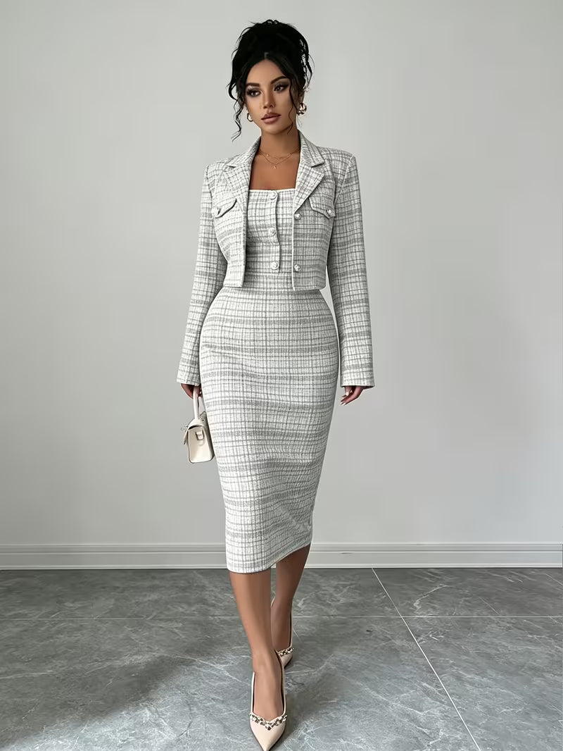 Women's Plaid Tweed Blazer & Midi Dress Set