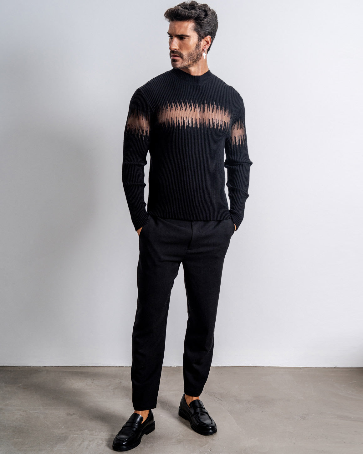 Men's Ribbed Sheer-Panel Sweater