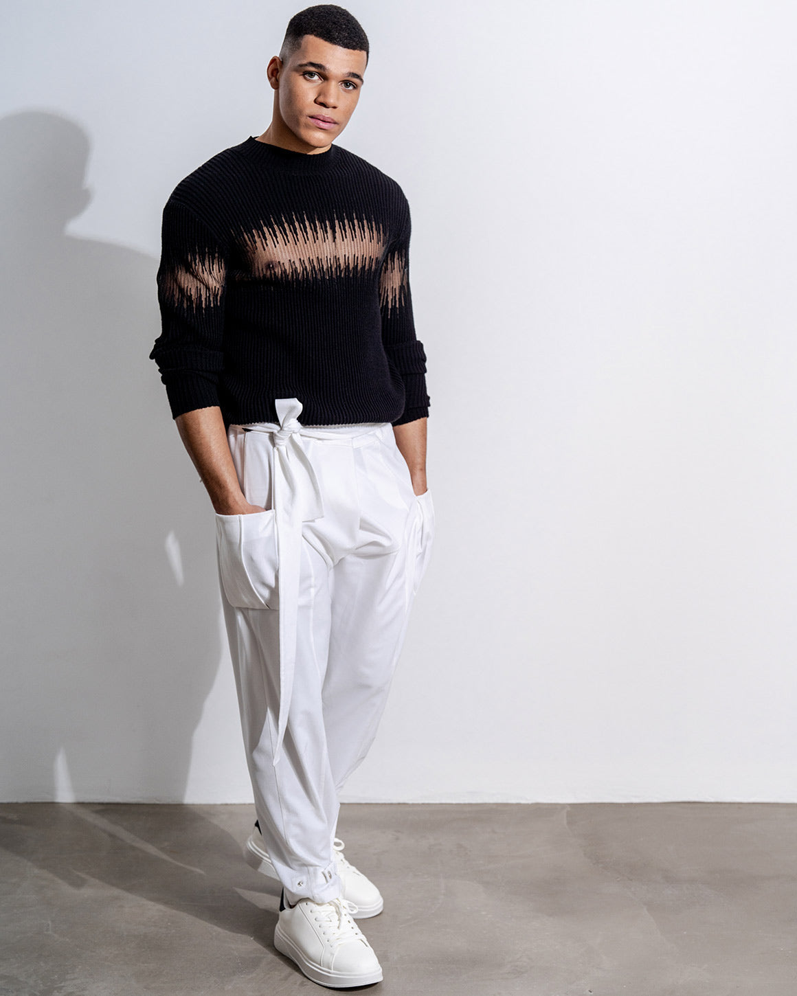Men's Ribbed Sheer-Panel Sweater