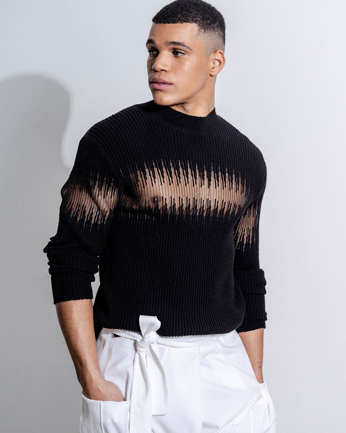 Men's Ribbed Sheer-Panel Sweater