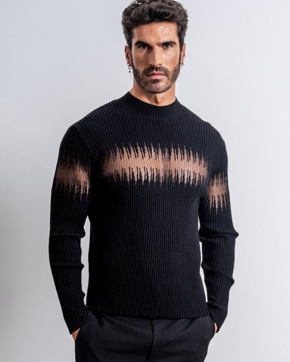 Men's Ribbed Sheer-Panel Sweater