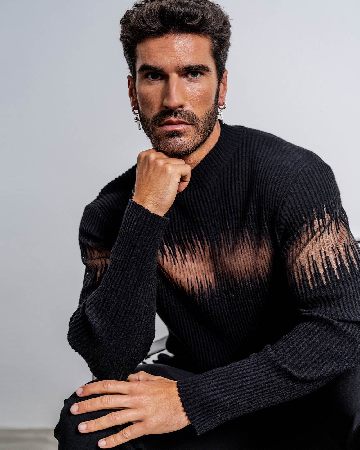 Men's Ribbed Sheer-Panel Sweater