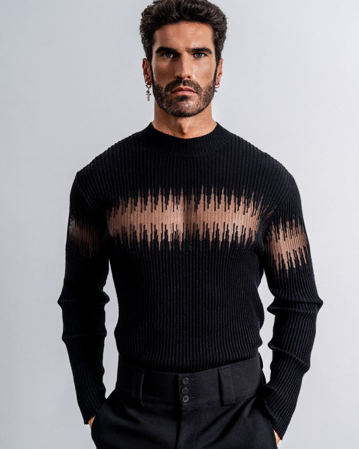 Men's Ribbed Sheer-Panel Sweater