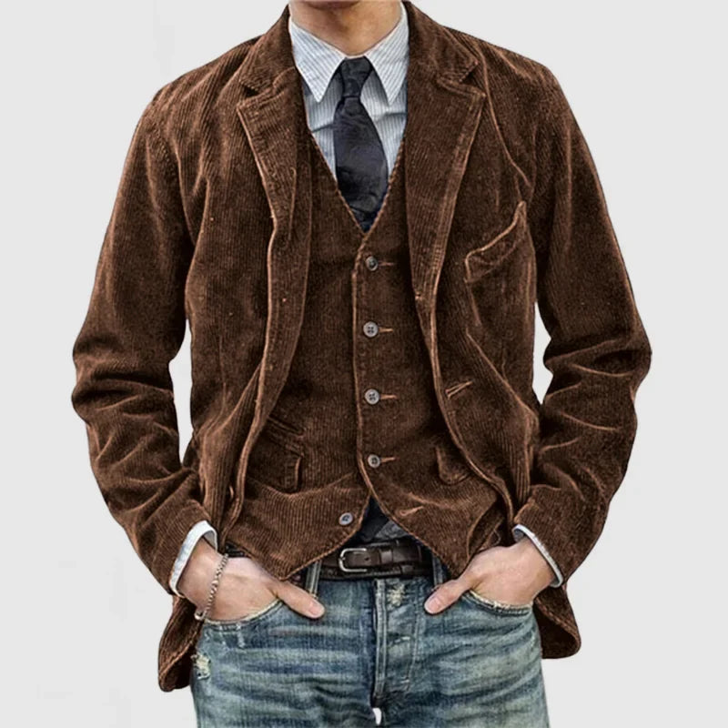 Men's Corduroy Lapel Jacket And Waistcoat Set