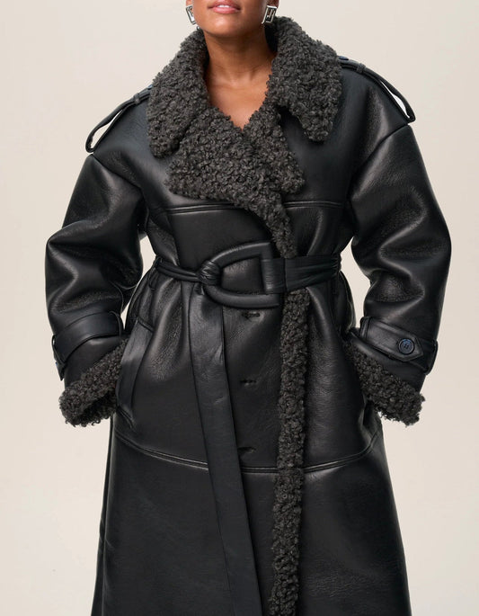 Women's Leather Coat with Lambswool-Look Lining