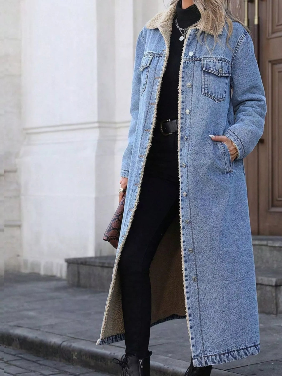 Women's Sherpa-Lined Longline Denim Jacket