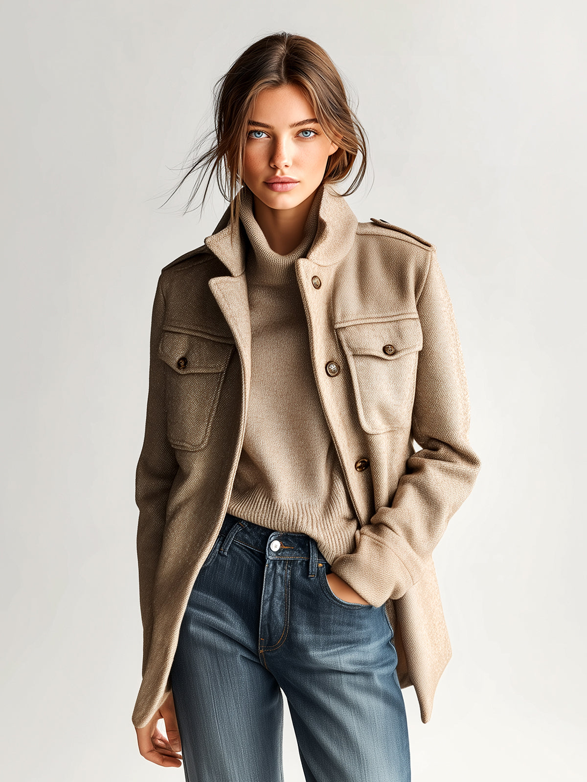 Women's Wool-Blend Stand Collar Coat